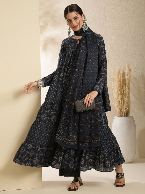 Maroon Pure Cotton Printed Keyhole Neck Anarkali Kurta Suit Set