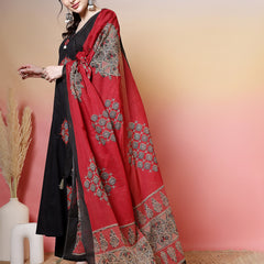 Rayon Calf Length Solid 3/4 Sleeves V-Neck Flared Kurta Suit Set