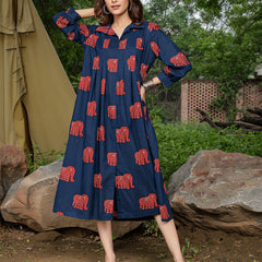 Gulmohar Jaipur Cotton Calf Length Printed Full Sleeve Shirt Collar Flared Dress