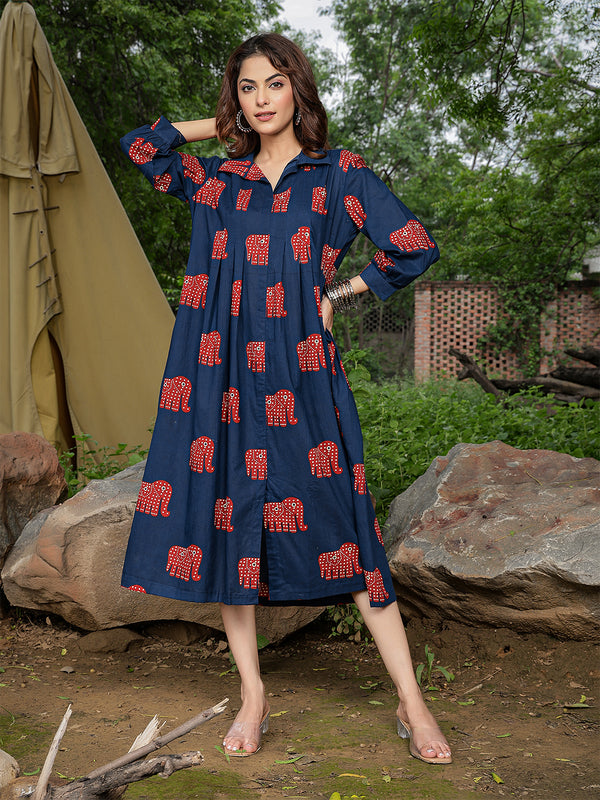 Gulmohar Jaipur Cotton Calf Length Printed Full Sleeve Shirt Collar Flared Dress