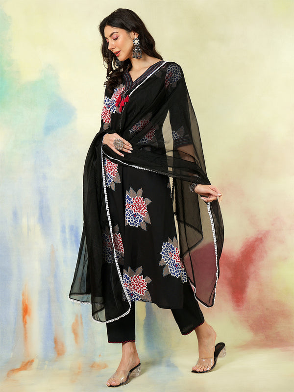 Black Rayon Printed Embroidered Straight Kurta Suit Set