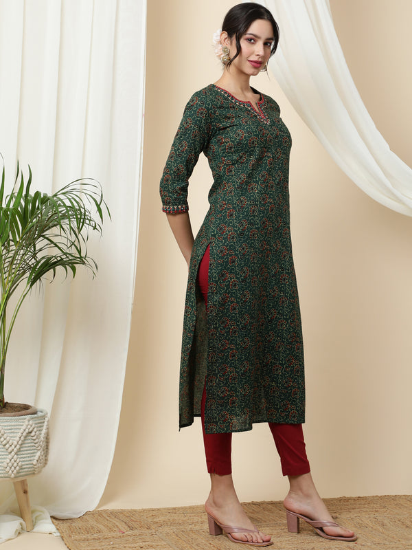 Cotton Calf Length Printed Straight 3/4 Sleeves Round Kurta