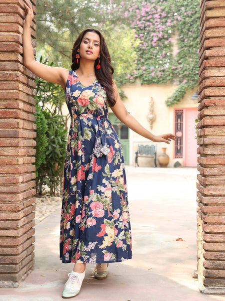Blue Cotton Ankle Length Printed Flared V-Neck Dress
