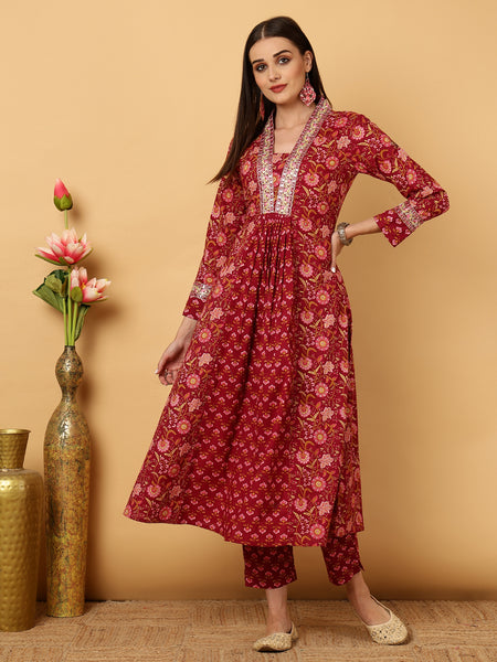 Maroon Calf Length Floral Print Flared V-Neck Kurta Suit Set