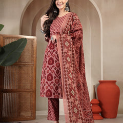 Gulmohar Jaipur Cotton Calf Length Printed 3/4 Sleeves Round Neck Straight Kurta Suit Set