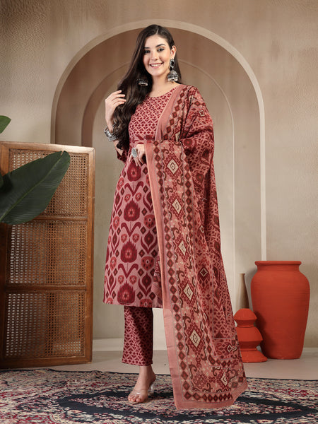 Gulmohar Jaipur Cotton Calf Length Printed 3/4 Sleeves Round Neck Straight Kurta Suit Set