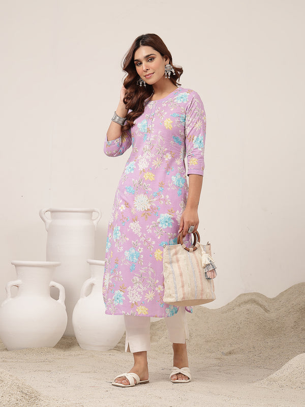 Cotton Calf Length Printed 3/4 Sleeve Round Neck Straight Kurta