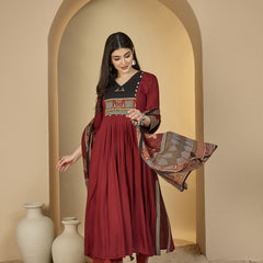 Gulmohar Jaipur Rayon Calf Length Solid 3/4 Sleeves V-Neck Flared Kurta Suit Set