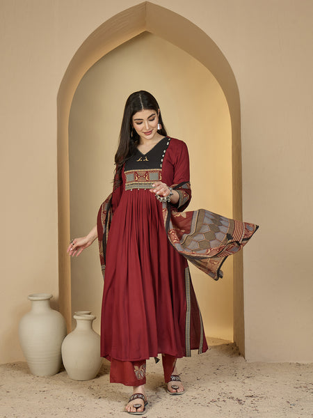 Gulmohar Jaipur Rayon Calf Length Solid 3/4 Sleeves V-Neck Flared Kurta Suit Set