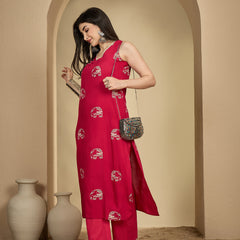 Gulmohar Jaipur Rayon Calf Length Printed Sleeveless V-Neck Straight Kurta Suit Set