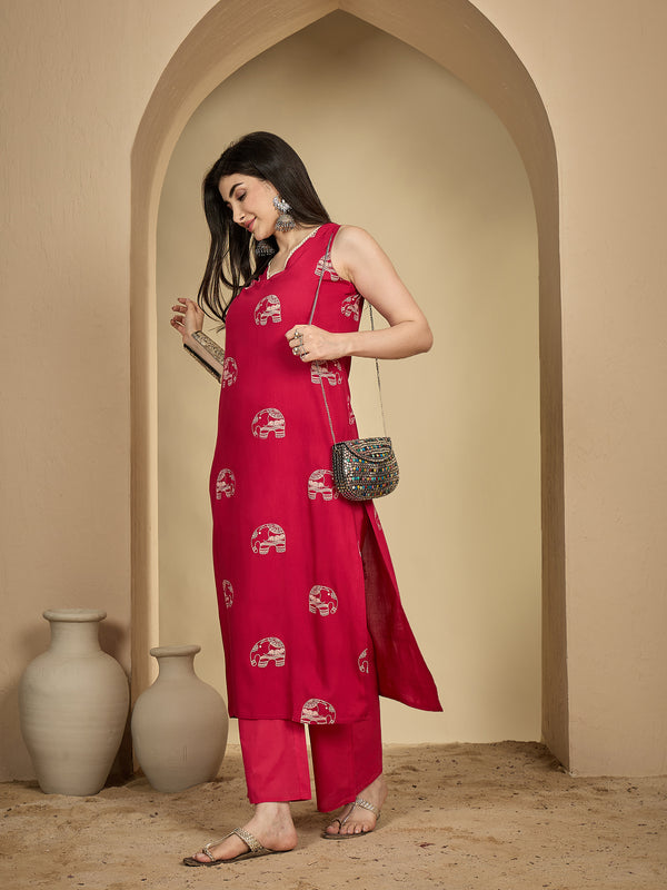 Gulmohar Jaipur Rayon Calf Length Printed Sleeveless V-Neck Straight Kurta Suit Set