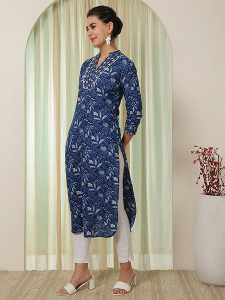 Indigo Cotton Calf Length Printed Straight V-Neck Kurta