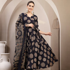 Gulmohar Jaipur Cotton Calf Length Printed 3/4 Sleeve V-Neck Anarkali Kurta Suit Set