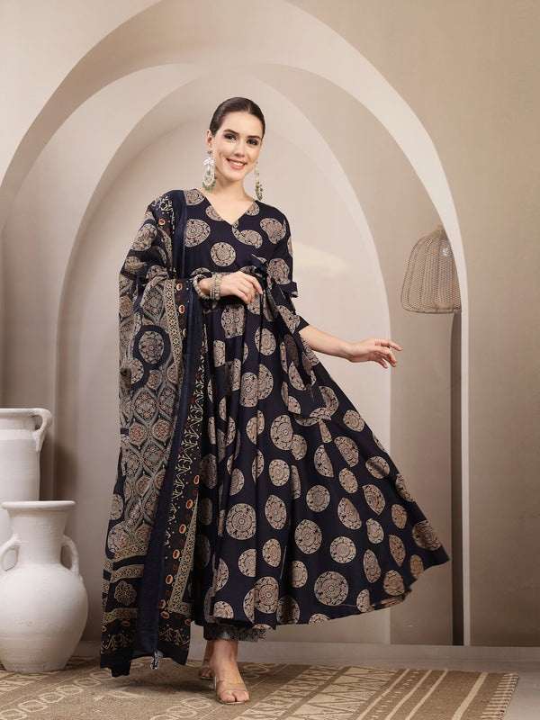 Gulmohar Jaipur Cotton Calf Length Printed 3/4 Sleeve V-Neck Anarkali Kurta Suit Set