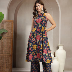 Cotton Calf Length Printed Sleeveless Round Neck Flared Kurta Suit Set