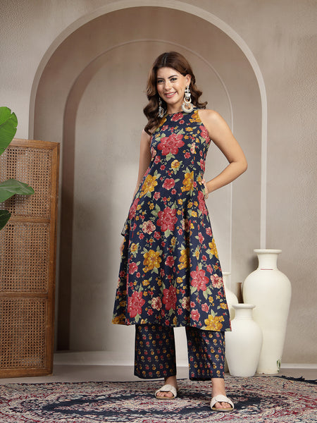 Cotton Calf Length Printed Sleeveless Round Neck Flared Kurta Suit Set
