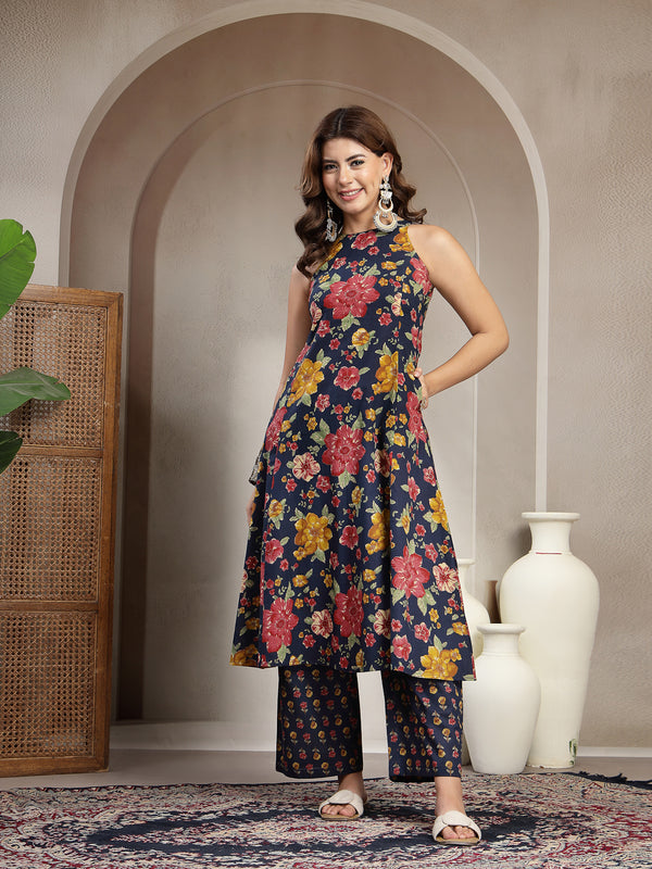 Cotton Calf Length Printed Sleeveless Round Neck Flared Kurta Suit Set