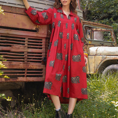 Gulmohar Jaipur Cotton Calf Length Printed Full Sleeve Shirt Collar Flared Dress