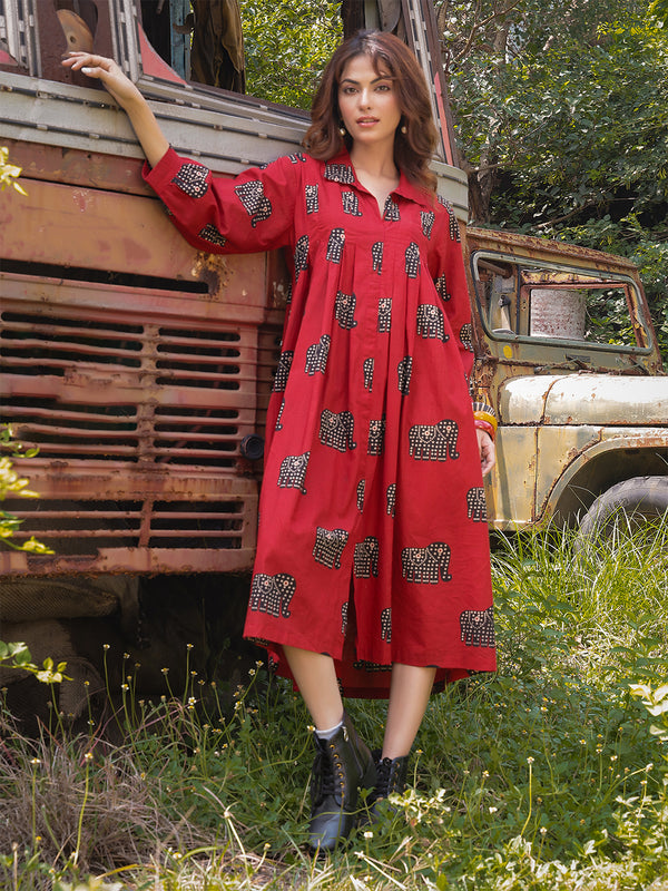 Gulmohar Jaipur Cotton Calf Length Printed Full Sleeve Shirt Collar Flared Dress