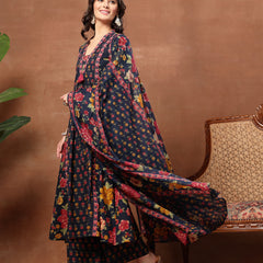 Cotton Calf Length Printed 3/4 Sleeves V-Neck Flared Kurta Suit Set