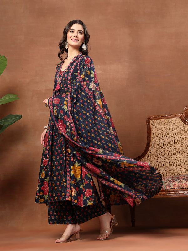 Cotton Calf Length Printed 3/4 Sleeves V-Neck Flared Kurta Suit Set