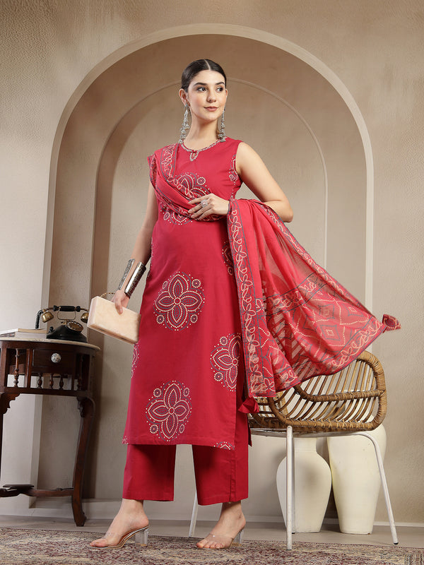 Gulmohar Jaipur Cotton Calf Length Printed Sleeveless Round Neck Straight Kurta Suit Set
