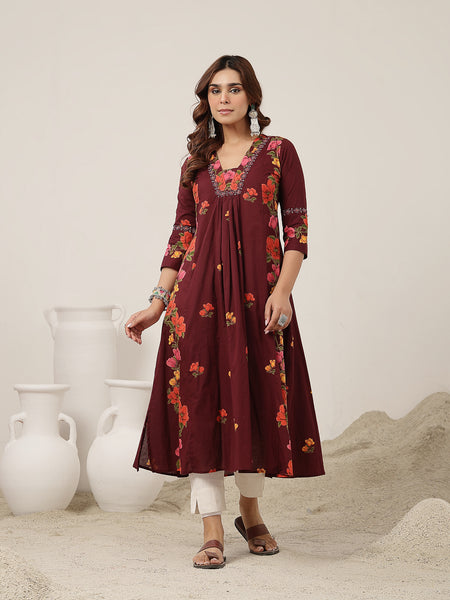 Rayon Calf Length Printed 3/4 Sleeve V-Neck Flared Kurta