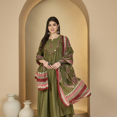 Gulmohar Jaipur Cotton Calf Length Solid 3/4 Sleeves Round Neck Flared Kurta Suit Set