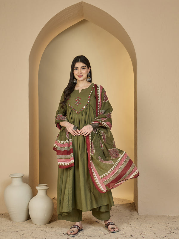 Gulmohar Jaipur Cotton Calf Length Solid 3/4 Sleeves Round Neck Flared Kurta Suit Set