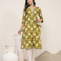 Gulmohar Jaipur Cotton Calf Length Printed 3/4 Sleeves V-Neck Anarkali Kurta Suit Set