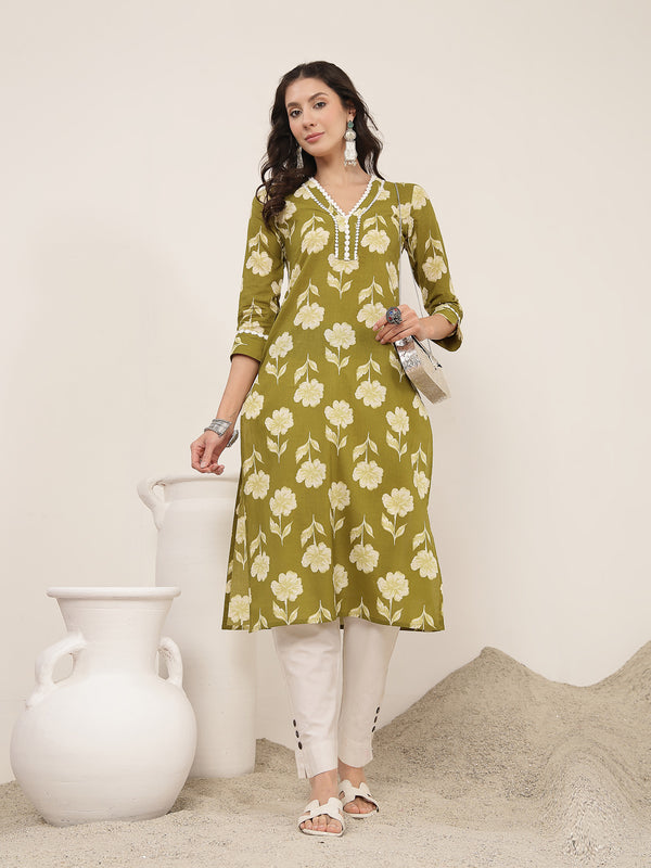 Gulmohar Jaipur Cotton Calf Length Printed 3/4 Sleeves V-Neck Anarkali Kurta Suit Set