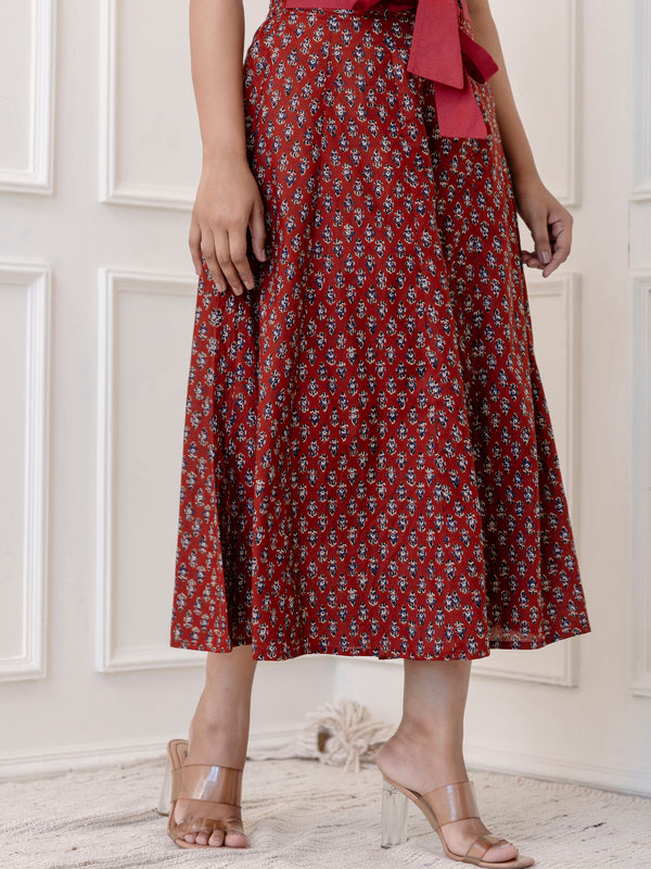 Maroon Cotton Calf Length Printed Flared Palazzo