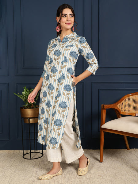 Blue Cotton Flex Calf Length Printed Shirt Coller Straight Kurta