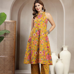 Cotton Calf Length Printed Sleeveless Round Neck Flared Kurta Suit Set