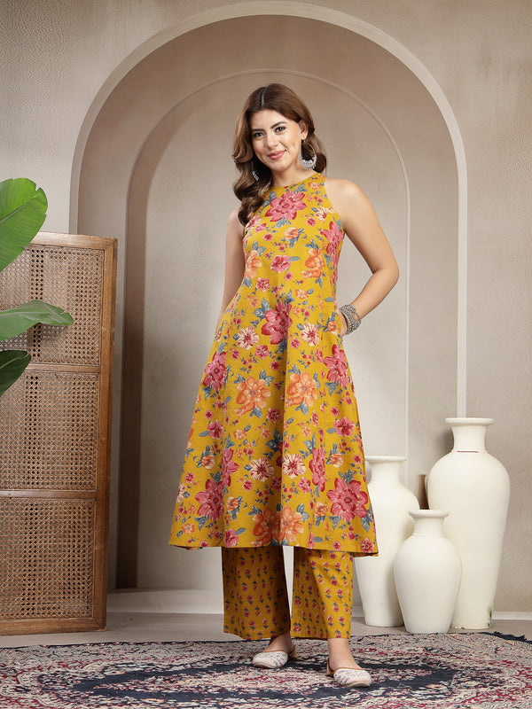 Cotton Calf Length Printed Sleeveless Round Neck Flared Kurta Suit Set