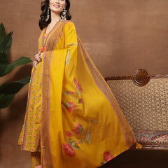 Cotton Calf Length Printed 3/4 Sleeves V-Neck Flared Kurta Suit Set