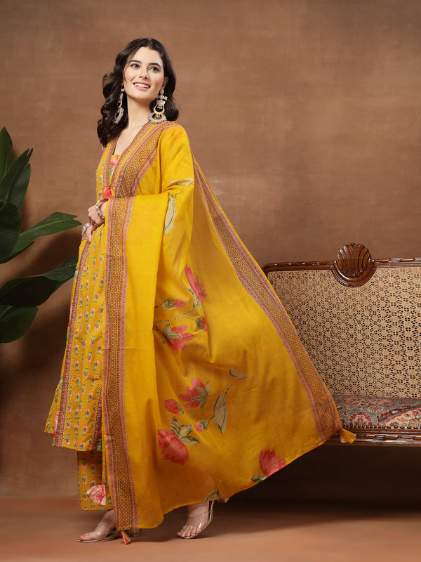 Cotton Calf Length Printed 3/4 Sleeves V-Neck Flared Kurta Suit Set