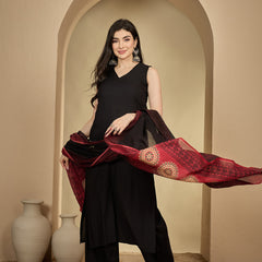 Gulmohar Jaipur Rayon Calf Length Solid Sleeveless V-Neck Straight Kurta Suit Set