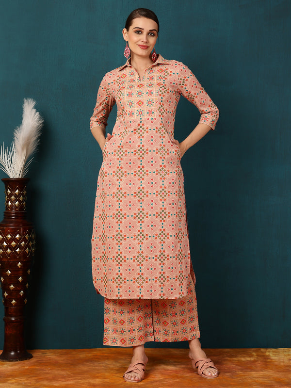 Calf Length Straight Shirt Coller Kurta Palazzo Set