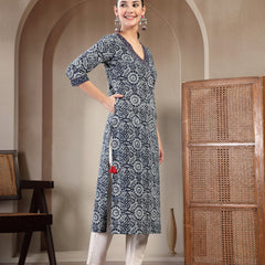 Gulmohar Jaipur Cotton Calf Length Printed 3/4 Sleeves V-Neck Straight Kurta
