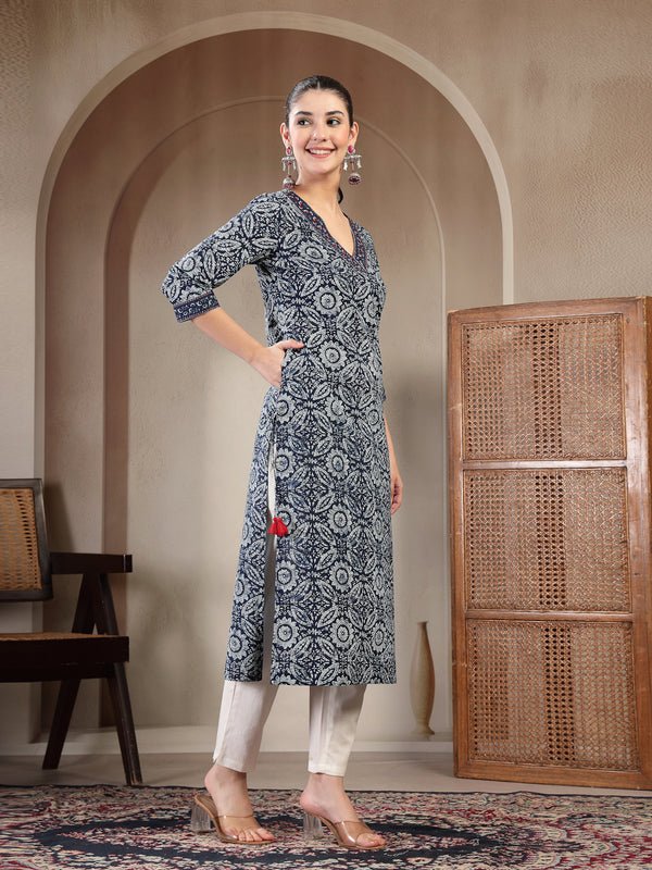 Gulmohar Jaipur Cotton Calf Length Printed 3/4 Sleeves V-Neck Straight Kurta