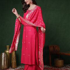 Pink Rayon Calf Length Solid 3/4 Sleeves Round Neck Straight Kurta Suit Set