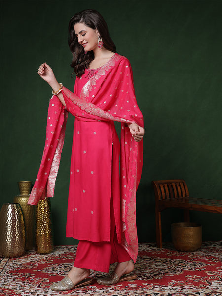 Pink Rayon Calf Length Solid 3/4 Sleeves Round Neck Straight Kurta Suit Set