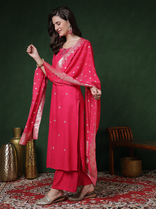 Pink Rayon Calf Length Solid 3/4 Sleeves Round Neck Straight Kurta Suit Set