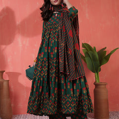 Cotton Calf Length Printed 3/4 Sleeves Key Hole Neck Anarkali Kurta Suit Set