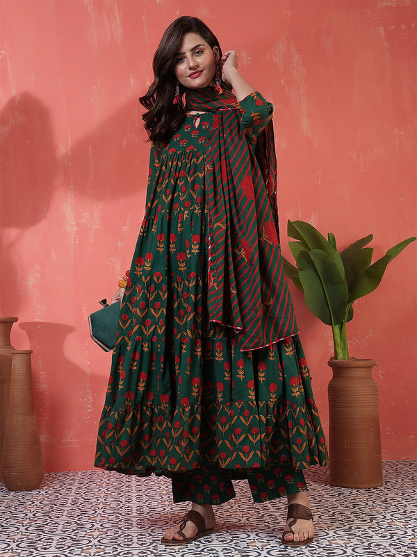 Cotton Calf Length Printed 3/4 Sleeves Key Hole Neck Anarkali Kurta Suit Set