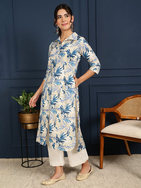 Blue Cotton Flex Calf Length Printed Shirt Coller Straight Kurta