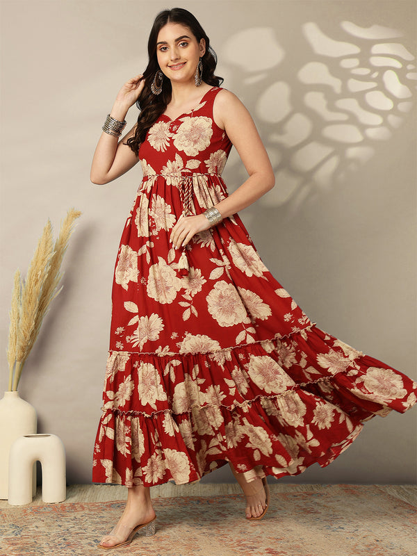 Cotton Calf Length Printed Flared Sleeveless Sweetheart Neck Dress