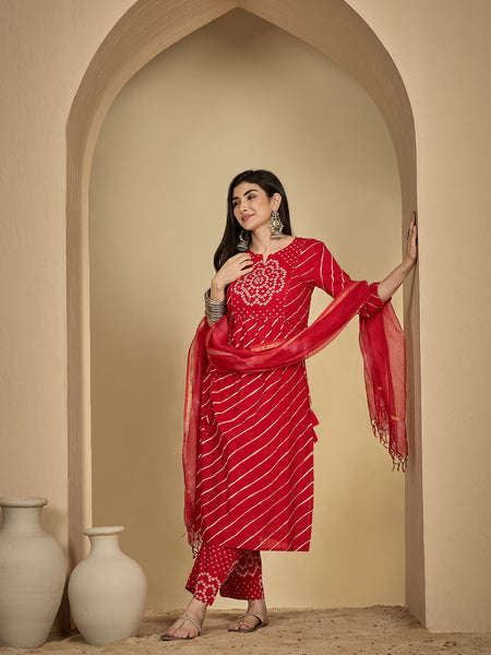 Gulmohar Jaipur Cotton Calf Length Printed 3/4 Sleeves Round Neck Flared Kurta Suit Set