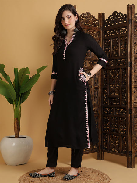 Black Rayon Embroidered Calf Length Solid Straight V-Neck Kurta